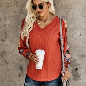Shein V-Neck Patchwork Panel Waffle Knit Top/Tee M